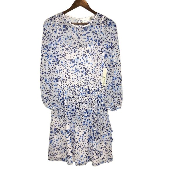 NWT Eliza J. Blue and White Chiffon Speckled Dress with Ruffles‎ Size 10 - Picture 1 of 13